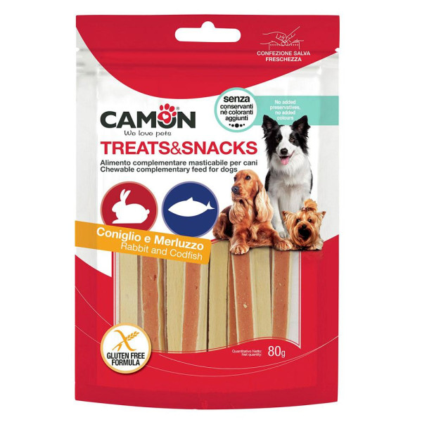 Ласощі для собак CAMON м'ясні сендвіч палички з кроликом та тріскою, 80 гр, 11*0,5 см