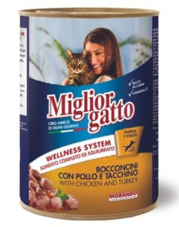 Морандо Morando Migliorgatto Wellness System шматочки індички з куркою в соусі, вологий корм для кішок, 6 консерв по 405 гр