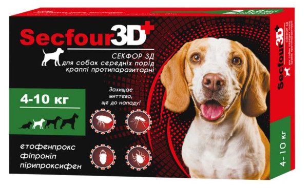 Краплі Секфор 3Д Secfour 3D від бліх і кліщів для собак вагою від 4 до 10 кг, 2 піпетки (S-748)
