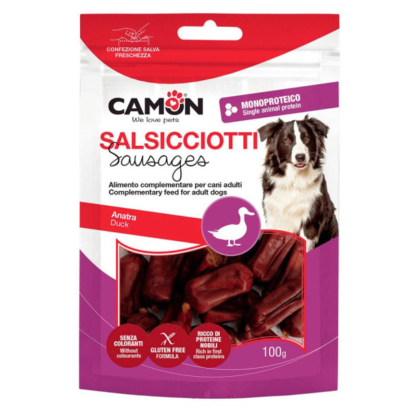 Ласощі для собак CAMON м'ясні міні ковбаски з качки, 100 гр, 4*1,5 см