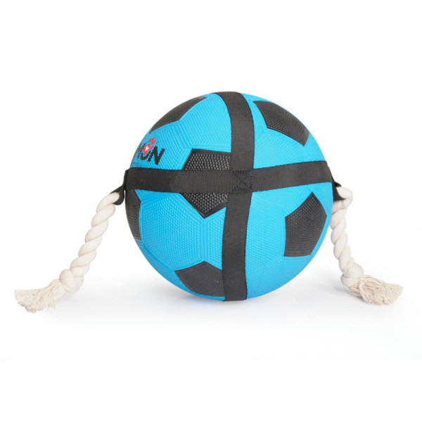 Іграшка для собак CAMON м'яч гумовий для футболу з мотузяними ручками, чорно/блакитний, 22 см