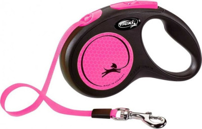 Повідець рулетка Flexi New Neon M, для собак вагою до 20 кг, стрічка 5 метрів, колір рожевий