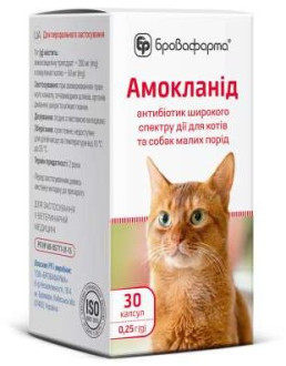 Амокланід антибіотик для лікування захворювань ШКТ, органів дихання та сечовивідних шляхів у кішок та маленьких собак, 30 капсул х 0,25  гр