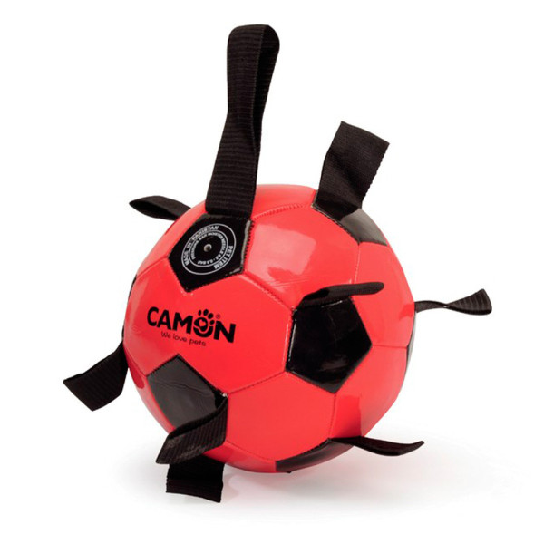 Іграшка для собак CAMON м'яч футбольний з ПВХ розмір 5 з поліестеровими ручками, чорний/червоний, 21 см