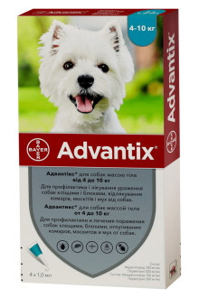 Адвантікс 4-10 кг Advantix краплі від бліх і клещейдля собак, 4 піпетки