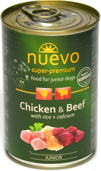 NUEVO JUNIOR влажный корм для щенков с курицей, говядиной и рисом + кальций, 400 гр