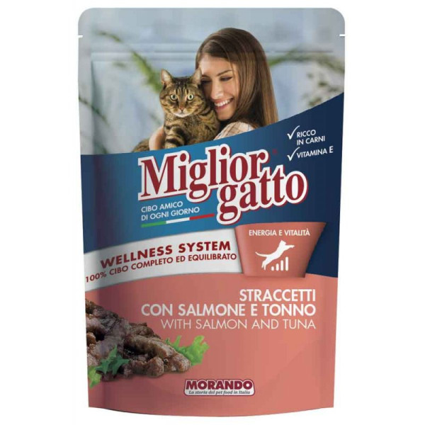 Морандо Morando Migliorgatto Wellness System Tuna &amp; Salmon Pouches смужки з тунцем та лососем для кішок, 12 паучів по 100 гр