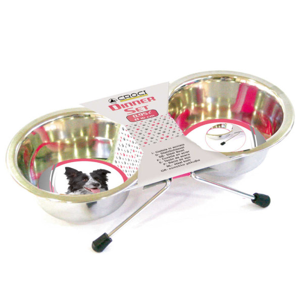 Дві миски Croci Dinner Set об'єм 0,95 л, діаметр 16 см з нержавіючої сталі з підставкою для собак (C6059439)