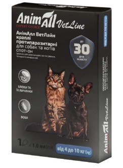 АнимАлл AnimAll VetLine Spot-on краплі від бліх та кліщів для кішок і собак вагою від 4 до 10 к, 1 піпетка х 1 мл