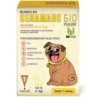 Селамакс Біо Selamax Bio краплі від глистів, бліх, кліщів для собак вагою від 5 до 10 кг, 1 піпетка
