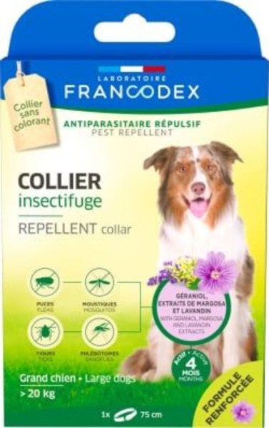 Нашийник-репелент Francodex Repellent Collar з гераніолом від бліх і кліщів для собак вагою понад 20 кг, 75 см