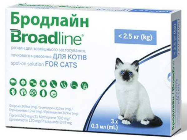 Бродлайн для кішок до 2.5 кг Broadline краплі на холку від глистів бліх і кліщів, 3 піпетки