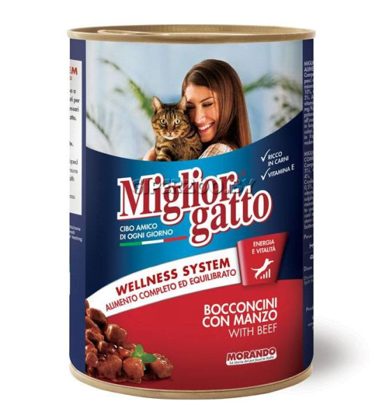 Морандо Morando Migliorgatto Wellness System шматочки яловичини в соусі, вологий корм для дорослих кішок, 6 консервів по 405 гр