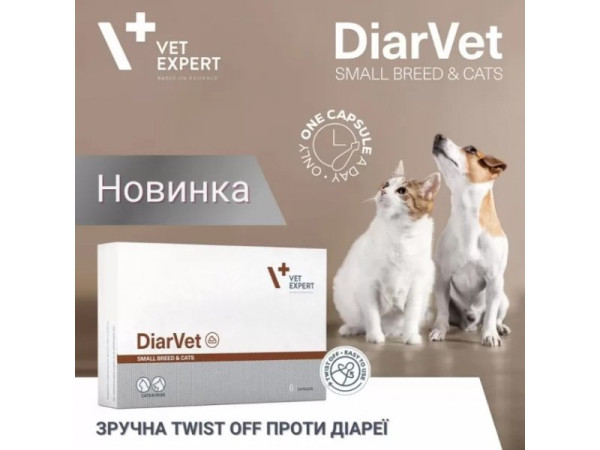 DiarVet VetExpert (бентоніт, інулін, пектин, таніни) проти діареї у котів і собак дрібних порід, 6 капсул