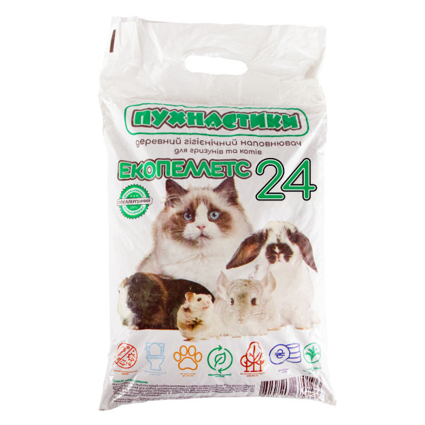 Пухнастики Екопелетс деревний гранульований гігієнічний наповнювач для туалетів кішок і гризунів, 24 л (6 кг)
