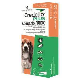 Кределио Плюс Credelio Plus таблетки от блох, клещей, глистов для собак весом от 5,5 до 11 кг, 3 таблетки