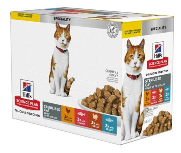 Hill's SP Feline Adult Multipack набір вологого корму (4 види) для стерилізованих кішок від 1 до 6 років, 12 паучів по 85 гр