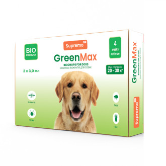 Краплі SUPREMO GREENMAX БІО для собак, вагою 20-30 кг, 3,0 мл - 2 шт./кор. профілактика від паразитів до 4 тиж. 10шт/уп