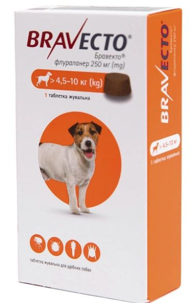 Бравекто 4,5-10 кг Bravecto таблетки від бліх і кліщів для собак, 1 таблетка