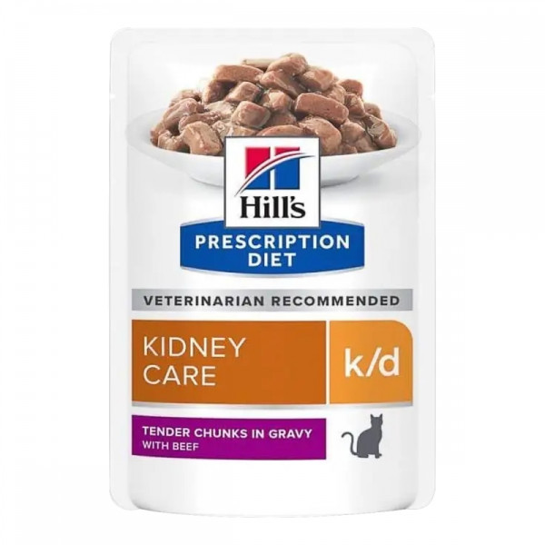 Hill's PD Feline K/D Beef Pouches вологий корм з яловичиною при хронічній нирковій недостатності у кішок, 12 паучів по 85 гр
