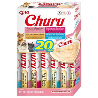 Ласощі INABA "Churu" для котів, вершковий мус в стіках, "Різновиди  морепродуктів" * 14 гр (20 шт.уп.)  продаж упаковкою