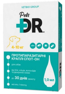 Доктор Петс Dr.Pets краплі від бліх та кліщів для собак вагою від 4 до 10 кг, 1 піпетка