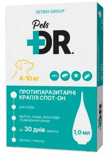 Доктор Петс Dr.Pets краплі від бліх та кліщів для собак вагою від 4 до 10 кг, 1 піпетка