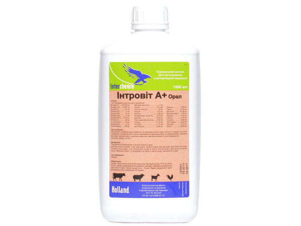 Інтровіт А+Орал вітамінно-амінокислотний комплекс для ВРХ, дрібної рогатої худоби, свиней та птахів, 1 л