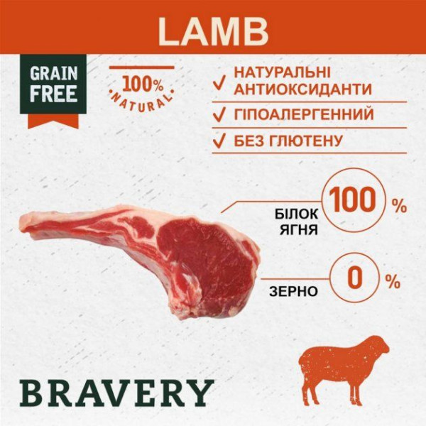 Бравері Bravery Lamb Large/Medium Dog сухий корм з ягням для собак середніх і великих порід, 4 кг (2253)