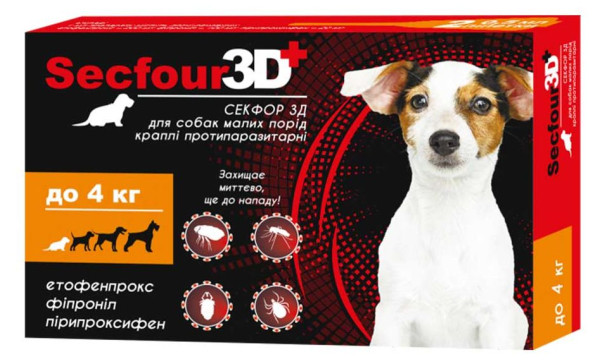 Краплі Секфор 3Д Secfour 3D від бліх і кліщів для собак вагою до 4 кг, 2 піпетки (S-746)
