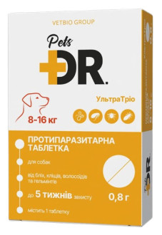 УльтраТріо Доктор Петс Dr.Pets таблетка від глистів, бліх та кліщів для собак вагою від 8 до 16 кг, 0,8 гр