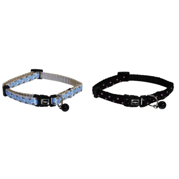 Нашийник для кота CROCI DOTTED, зі дзвіночком, нейлон, регульований, чорний або блакитний, 21-33x1 см