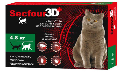 Краплі Секфор 3Д Secfour 3D від бліх і кліщів для котів вагою від 4 до 8 кг, 2 піпетки (S-747)