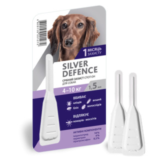 Срібний Захист для собак 4-10 кг Silver Defence краплі на холку від бліх, кліщів, 1 піпетка