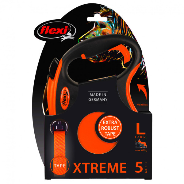 Повідець рулетка Flexi Xtreme L для собак вагою до 65 кг, стрічка 5 м, колір чорний / помаранчевий