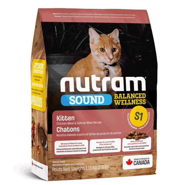 Нутрам Nutram S1 Sound Balanced Wellness Kitten сухий корм холістик з куркою та лососем для кошенят, 1,13 кг (S1_(1,13kg))