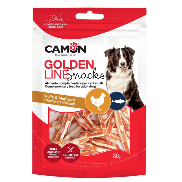 Ласощі для собак CAMON м'ясні сендвіч палички з курячим філе та рибою, 80 гр, 4*0,5 см