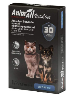 Анімал Animall Vetline spot-on краплі від бліх і кліщів для кішок і собак вагою до 4 кг, 1 піпетка х 0,5 мл