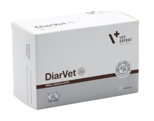 DiarVet VetExpert (бентоніт, інулін, пектин, таніни) проти діареї у котів і собак дрібних порід, 30 капсул