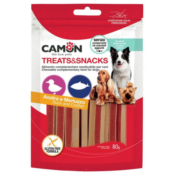 Ласощі для собак CAMON м'ясні сендвіч палички з качкою та тріскою, 80 гр, 11*0,5 см