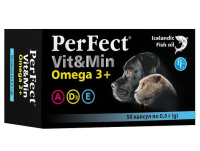 Perfect Vit&Min Omega 3+ вітаміни для собак і кішок з риб'ячим жиром, 50 капсул по 0,5 гр
