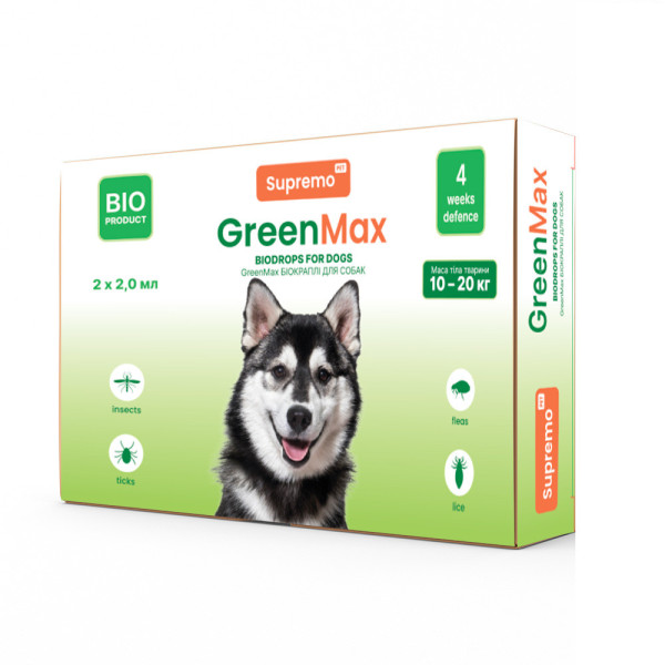 Краплі SUPREMO GREENMAX БІО для собак, вагою 10-20 кг, 2,0 мл - 2 шт./кор. профілактика від паразитів до 4 тиж. 10шт/уп