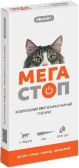Краплі ProVET Мега Стоп для котів до 4 кг, проти ендо та ектопаразитів, 0,5 мл, 4 піпетки