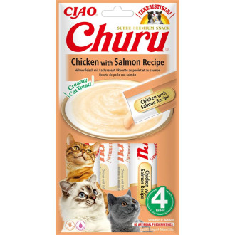 Ласощі INABA "Churu" для котів, вершковий мус в стіках, курка/лосось 4*14 гр