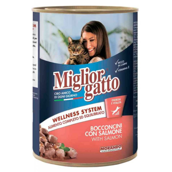 Морандо Morando Migliorgatto Wellness System Salmon шматочки лосося в соусі, вологий корм для дорослих кішок, 6 консервів по 405 гр