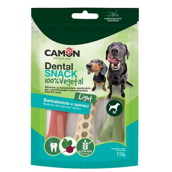 Ласощі для собак CAMON Dental Snak Mix, кісточки з солодкої картоплі зі смаком буряка, шпінату, натуральні, 110 гр, M, 8,5 см