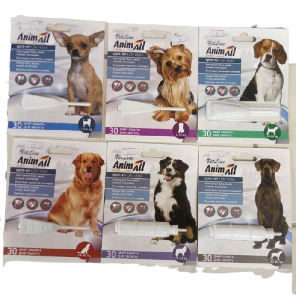 Animall spot-on &quot;vetline&quot; Анімал краплі від бліх і кліщів для собак вагою 4 - 10 кг, 1 піпетка х 2 мл