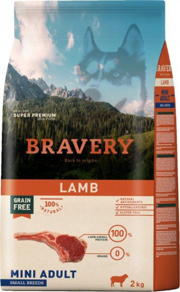 Бравері Bravery Lamb Mini Dog беззерновий сухий корм з ягням для собак дрібних порід вагою до 10 кг, 2 кг (6671)