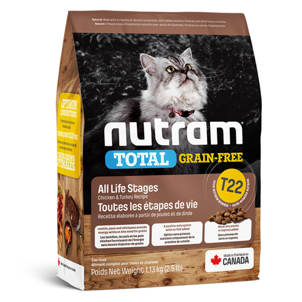 Нутрам Nutram T22 Total GF All Life Stages Сhicken &amp; Turkey сухий корм з куркою та індичкою для котів, 1,13 кг (T22_(1,13kg)