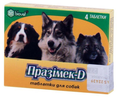 Празімек Д Рrazimec d для профілактики арахноентомозів і гельмінтозів у собак, 4 таблетки